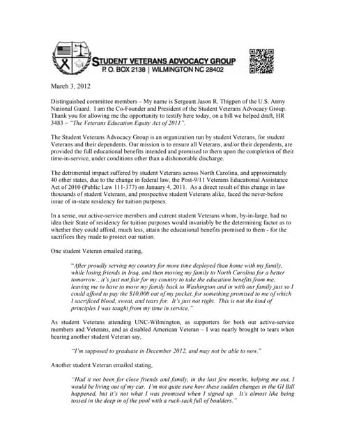 SVAG - Testimony for HR 3483 "The Veterans Education Equity Act of 2011"