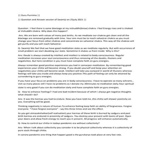 Swamiji- Q and A   25th july 2021  (Guru Poornima)