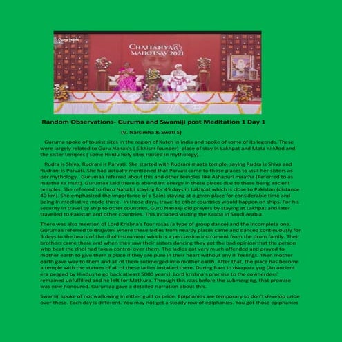 Swamiji and Guruma's Random Observations post Day 1 Meditation CM 2021