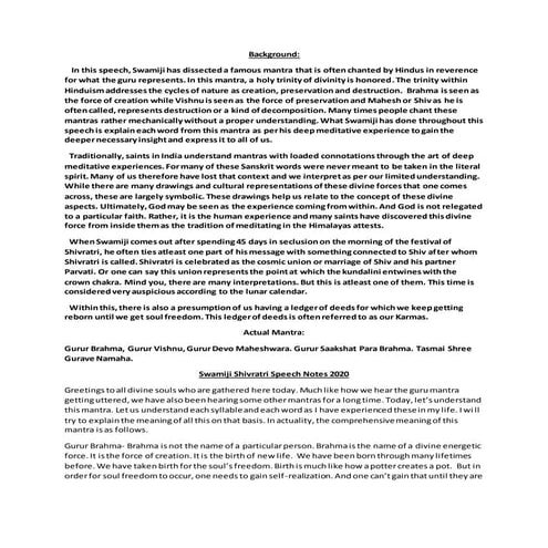 Swami Shivratri  2020 Speech Summary