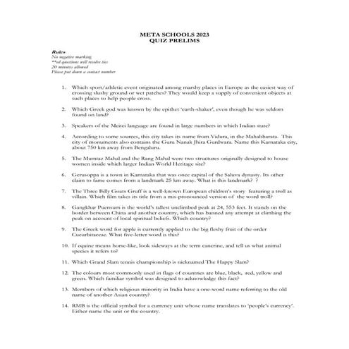 META Schools 2023: General Quiz - Prelims