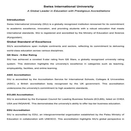 Swiss International University: A Global Leader in Education with Prestigious Accreditations