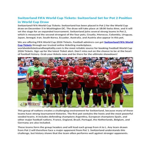 Switzerland FIFA World Cup Tickets Switzerland Set for Pot 2 Position in World Cup Draw.docx