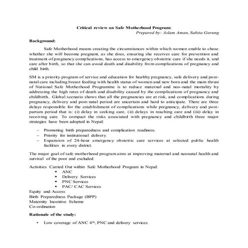 Swot analysis of Safe motherhood, HIV & AIDS, ARI and Logistic Management Pro...