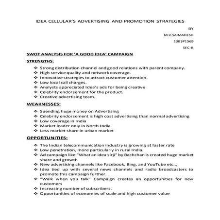 Swot analysis for idea ad and promotion strategy | DOCX