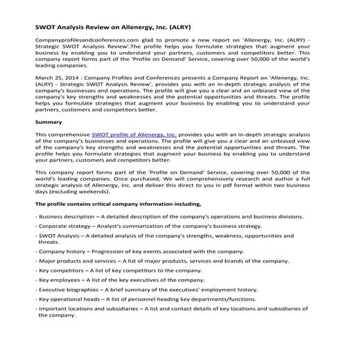 Swot analysis review on allenergy, inc. (alry)