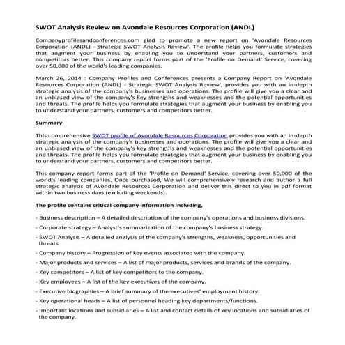 Swot analysis review on avondale resources corporation (andl)