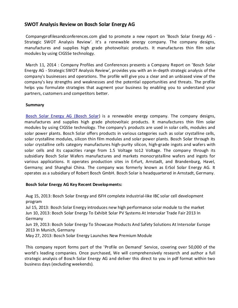 Swot Analysis Review On Bosch Solar Energy Ag