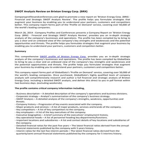 Swot analysis review on brixton energy corp. (brx)