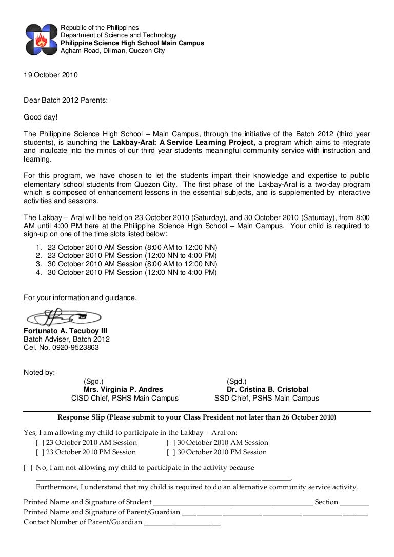 sy1011 letter to parents re service learning pdf sample letter to parent