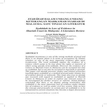 SYAHADAH DALAM UNDANG-UNDANG KETERANGAN MAHKAMAH SYARIAH DI MALAYSIA - SATU T...