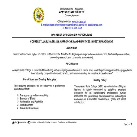 Course Syllabus of Agri 123: Approaches and Practices in Pest ...