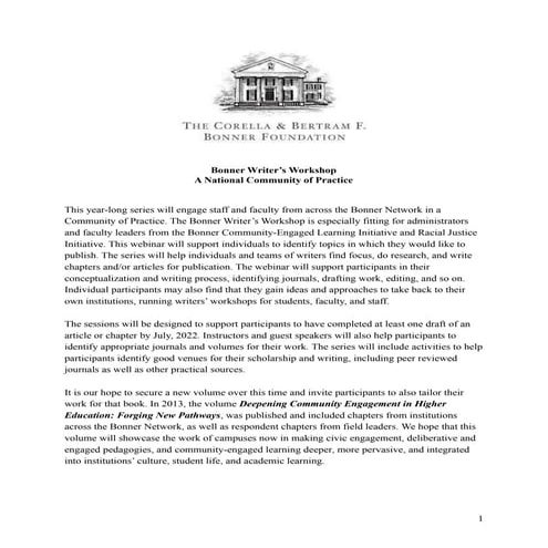 Bonner Writer's Workshop: Syllabus for the National Community of Practice