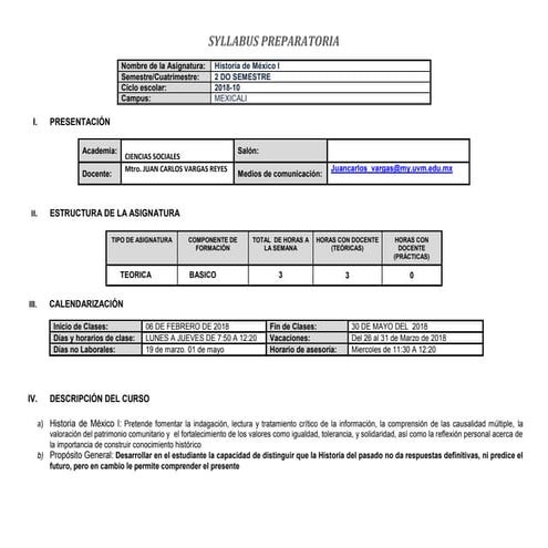 Syllabus asignatura Historia de México 1 semestre 2018-1
