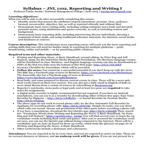Syllabus: JNL-1102, News Reporting and Writing I, Professor Austin, National ...