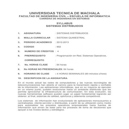 Syllabus sistemas distribuidos 2012