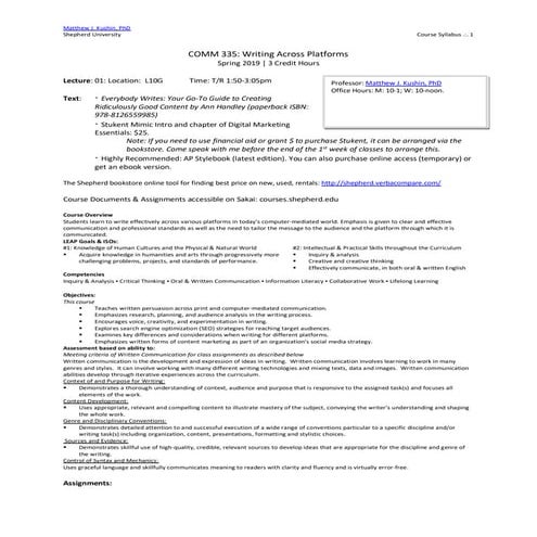 Writing Across Platforms Class Syllabus - Spring 2019