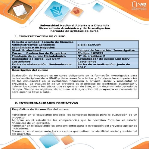 Syllabus del curso evaluación de proyectos