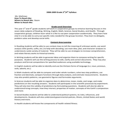 Syllabus for 3rd and 4th grade