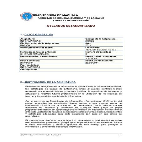 Syllabus informática II      2014  TERCER SEMESTRE A