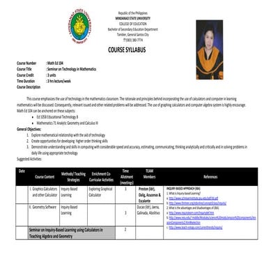Syllabus math ed 104 seminar on technology in mathematics