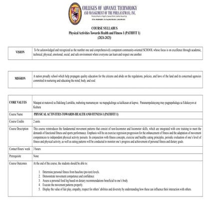 SYLLABUS FOR PHYSICAL ACTIVITIES PATHFIT