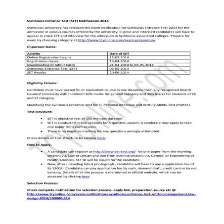 Symbiosis Entrance Test (SET) Notification 2014