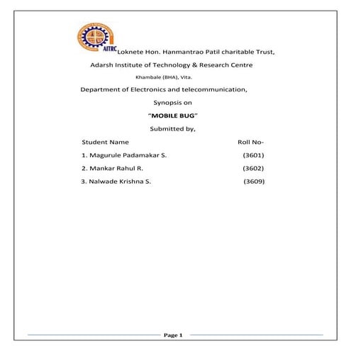 Synopsis for mobile bug mini project