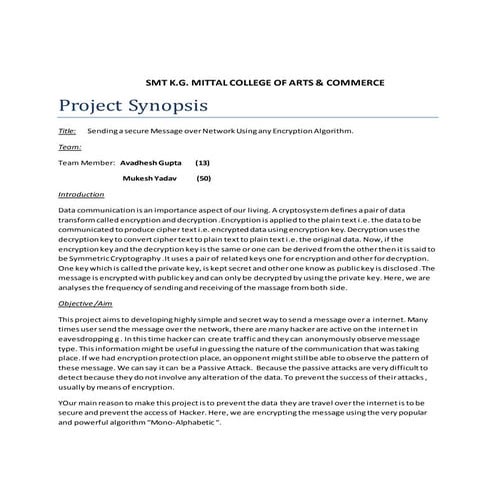Project Synopsis (Creaptography Algorithm Analysis) | DOCX