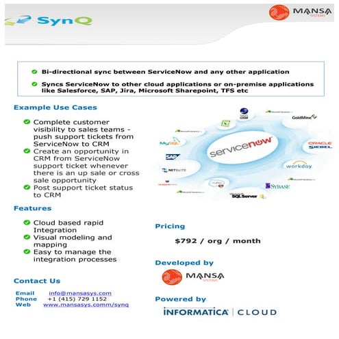 SynQ, the servicenow connector datasheet