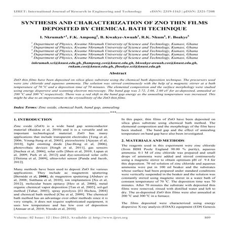Synthesis and characterization of zno thin films