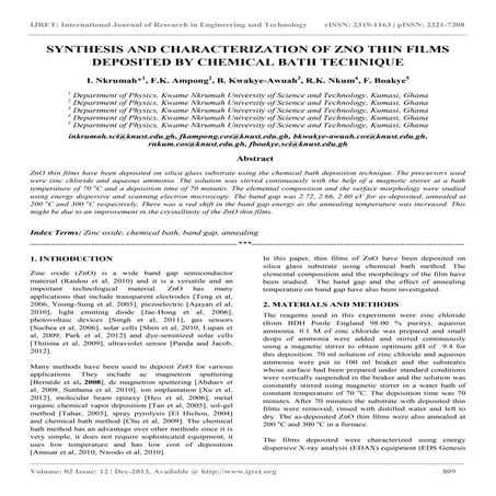 Synthesis and characterization of zno thin films deposited by chemical bath t...