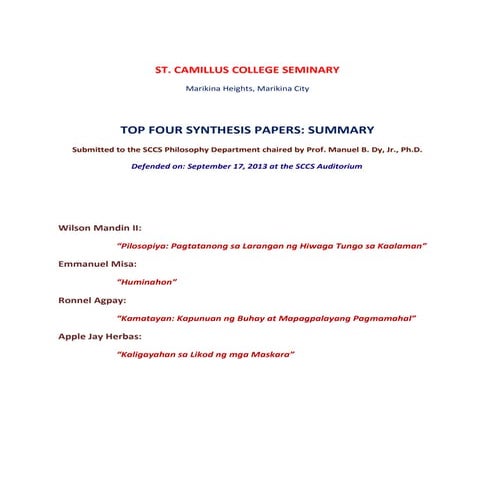 SCCS 2013 TOP FOUR SYNTHESIS PAPERS: SUMMARY