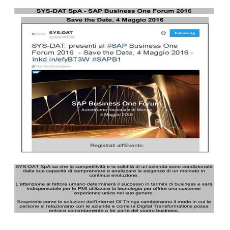 SYS-DAT presente al SAP Business One forum 2016: 4 maggio 2014