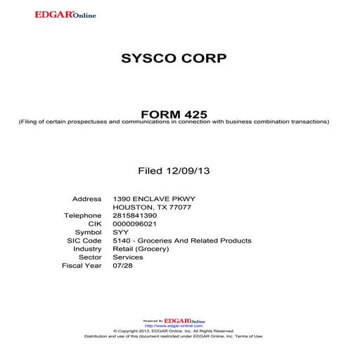 SYSCO AND US FOODS MERGER