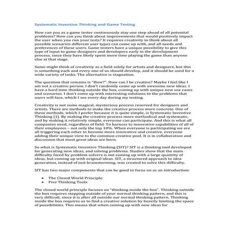 Systematic inventive thinking and game testing