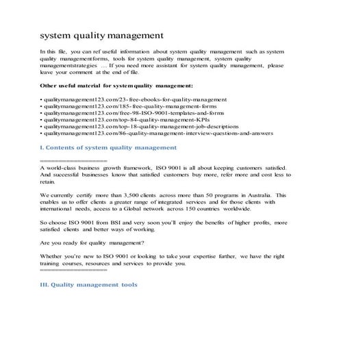 System quality management