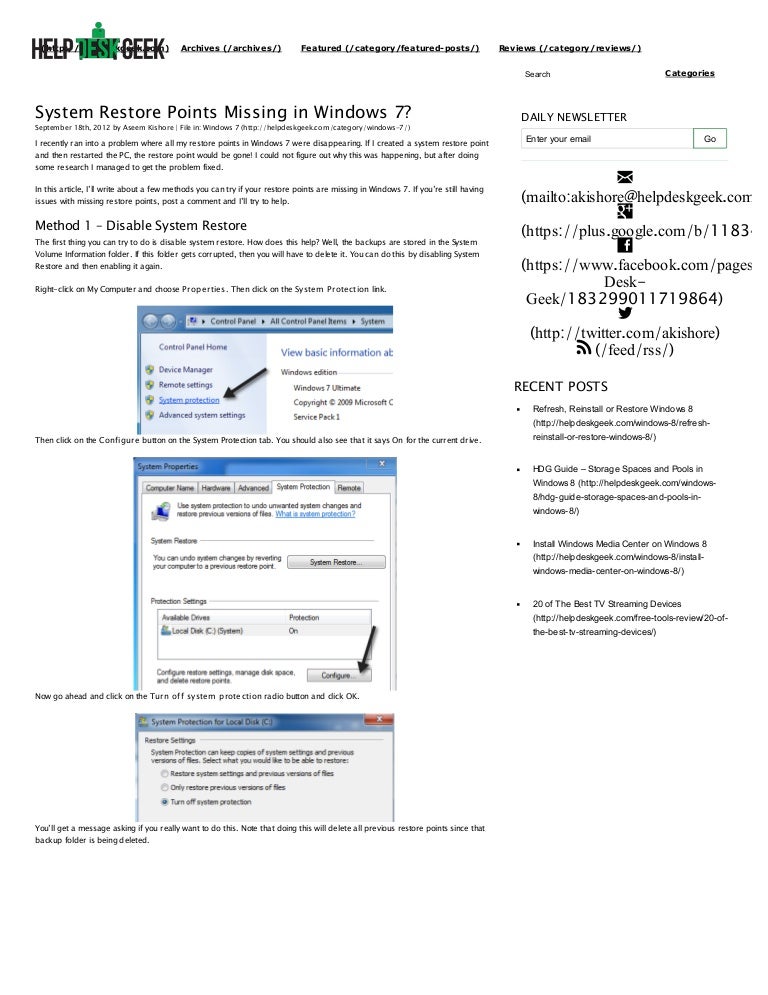 System restore points missing in windows 7