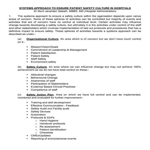Systems approach to ensure patient safety culture in hospitals | PDF