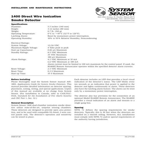 System sensor 1400 manual i56-0279