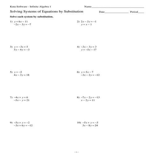 Systems of equations substitution worksheet