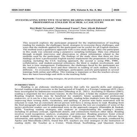 T-WISNU -INVESTIGATING EFFECTIVE TEACHING READING STRATEGIES USED BY THE PROF...