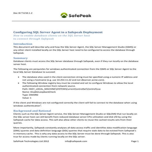 SafePeak - How to configure SQL Server agent in a safepeak deployment