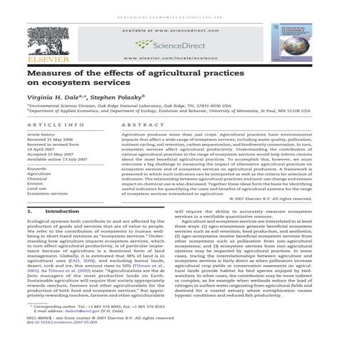 Measures of the effects of agricultural practices on ecosystem services