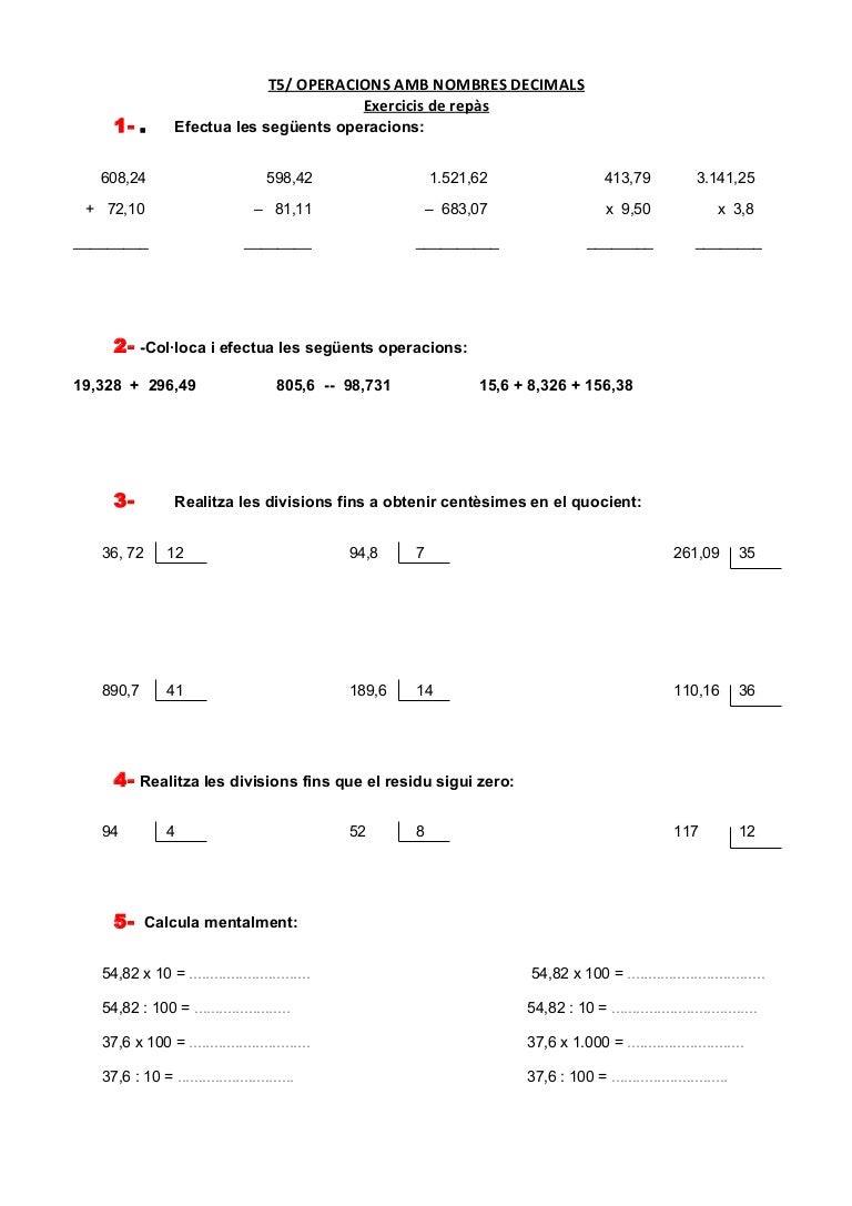 T5 decimals operacions exercicis repàs