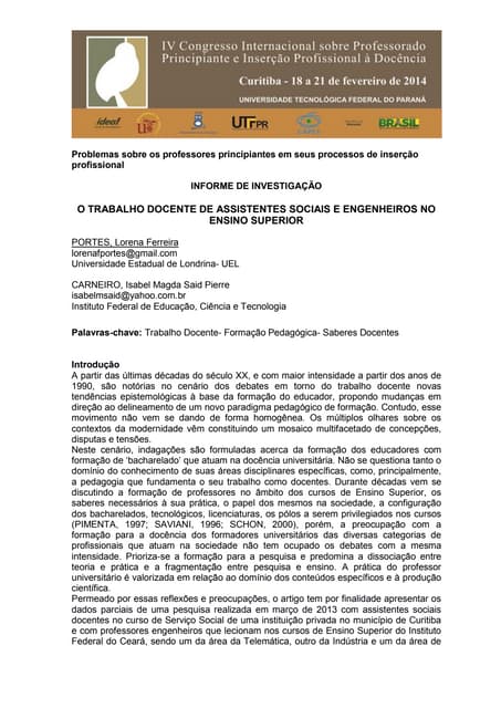 O TRABALHO DOCENTE DE ASSISTENTES SOCIAIS E ENGENHEIROS NO ENSINO SUPERIOR