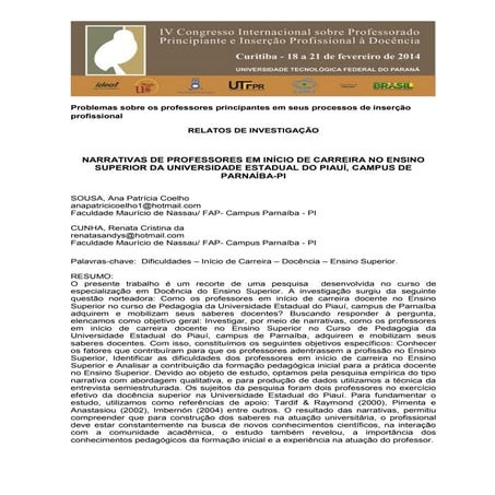 NARRATIVAS DE PROFESSORES EM INÍCIO DE CARREIRA NO ENSINO SUPERIOR DA UNIVERS...