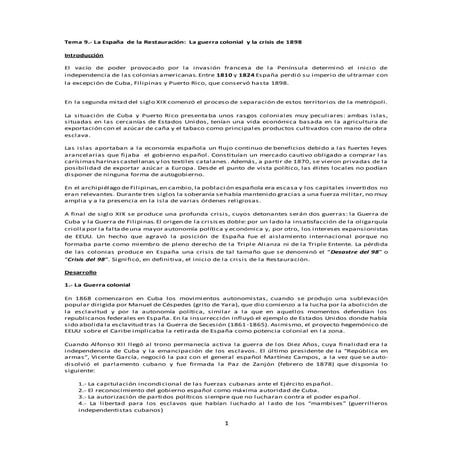 Tema 9.- La España de la Restauración: Guerra colonial y Crisis del 98