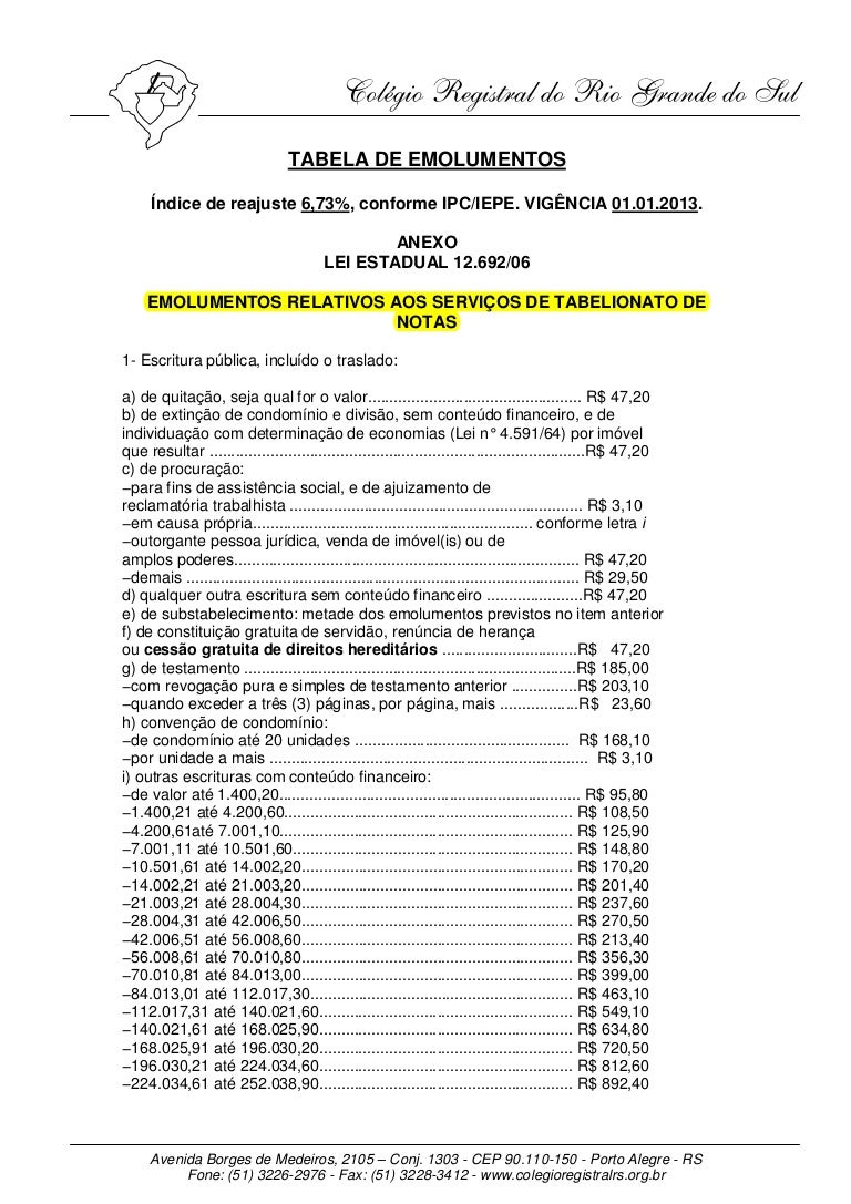 Tabela de emolumentos 2013