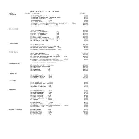Tabela de preços luc´star correta